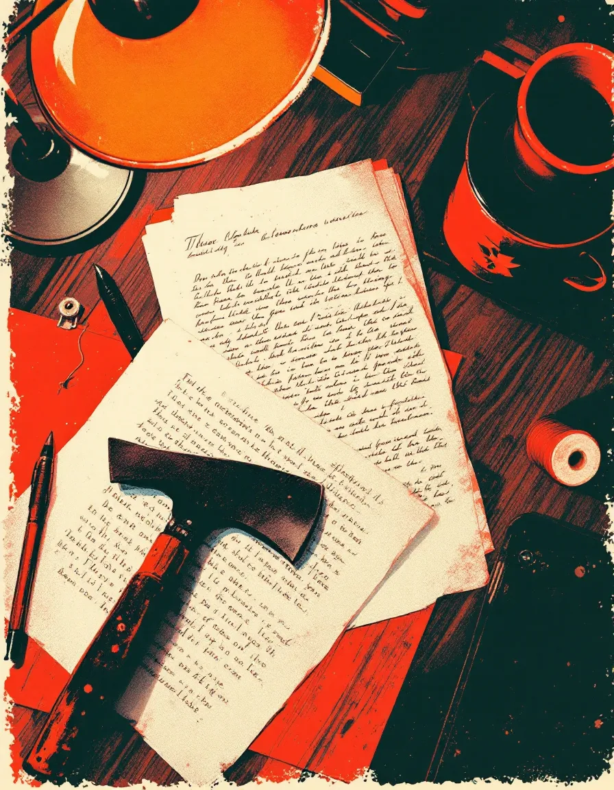 Risograph print of a writing bench with a hatchet, a spool of red thread, marked-up pages and a mug