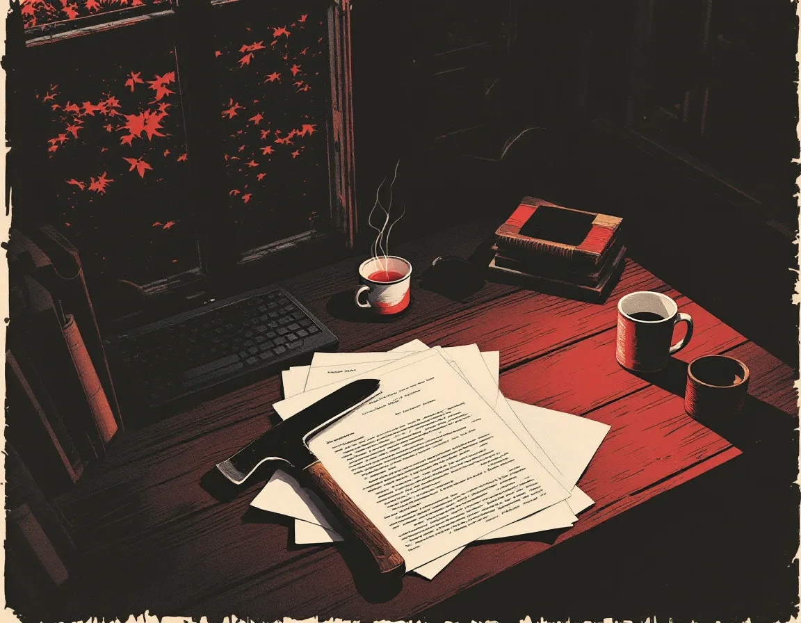 Illustrated writer's desk with a hatchet resting on marked-up pages, a spool of red thread and a steaming mug