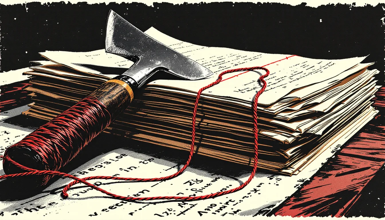 Risograph print of a hatchet laid across marked-up manuscript pages with a line of red thread stitched across them