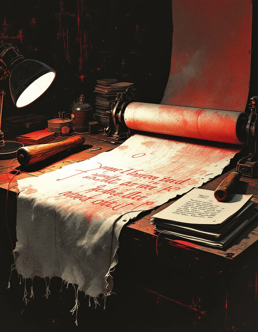 Risograph print of a bolt of cloth on a workbench with a hatchet and red thread through manuscript pages